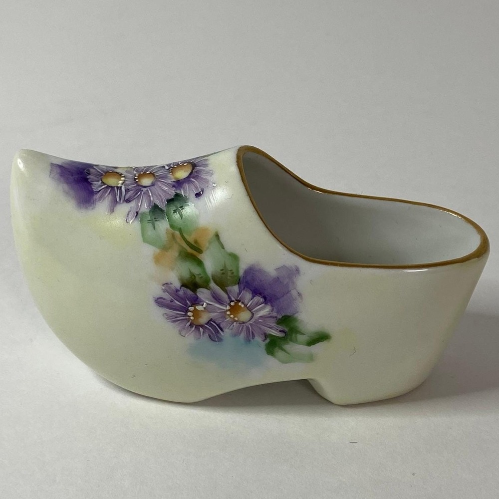 Vintage Porcelainโ Dutch Clog Shoe Figurine Germany Hand Painted Purple Floral